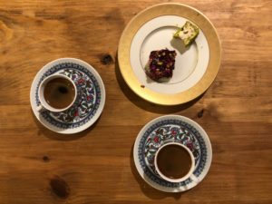 Cups of Ruya Turkish Coffee and a plate of Turkish Delight