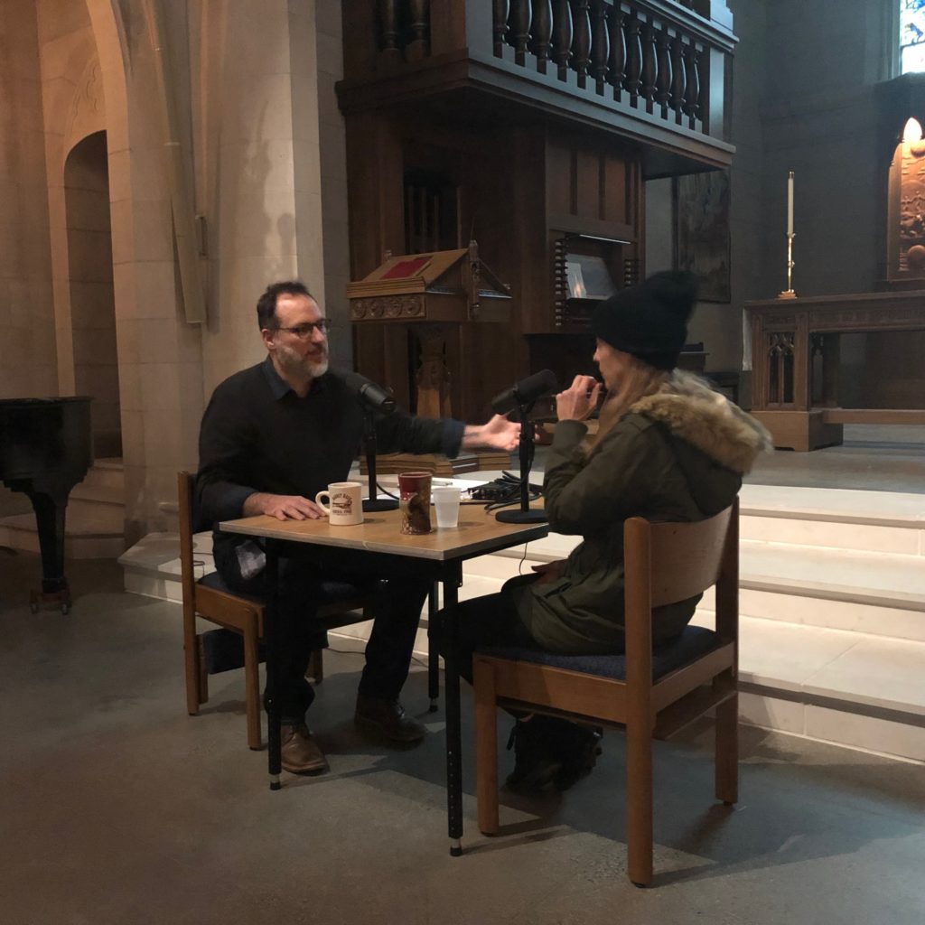 Brandon Dawson and Kim Taylor recording The Distiller podcast at Christ Church Cathedral in Cincinnati.