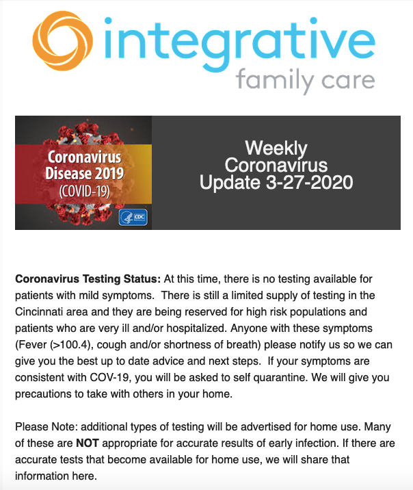 Integrative Family Care email update - March 27, 2020